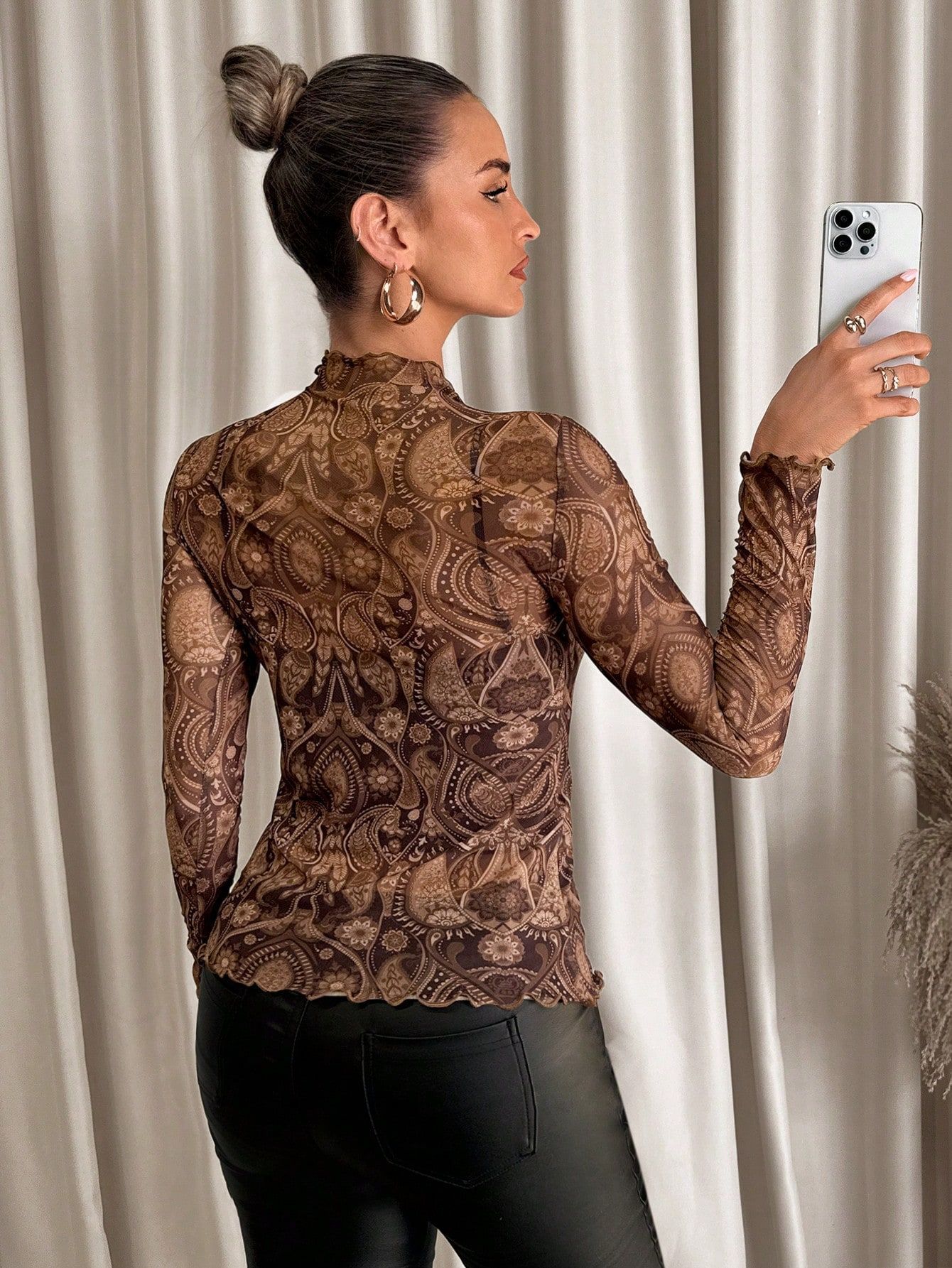 Womens Mesh T-shirt Fashion Long Sleeves Leopard Print Slim Blouse